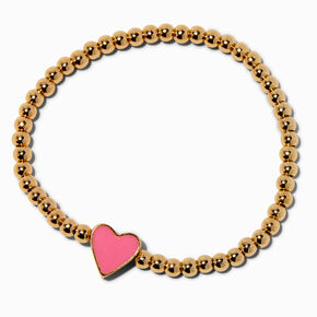 Pink Heart Charm Gold-tone Shot Bead Stretch Bracelet,