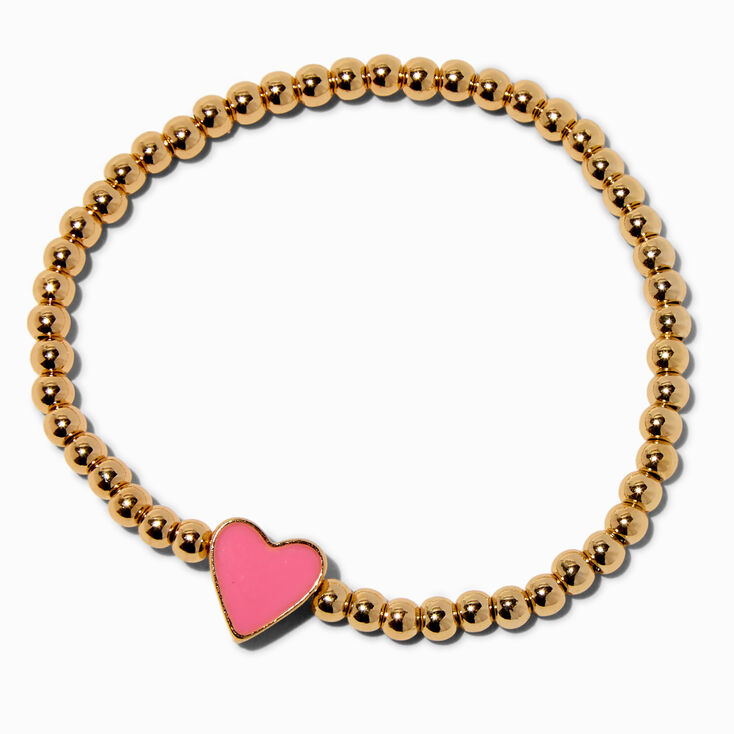 Pink Heart Charm Gold-tone Shot Bead Stretch Bracelet,