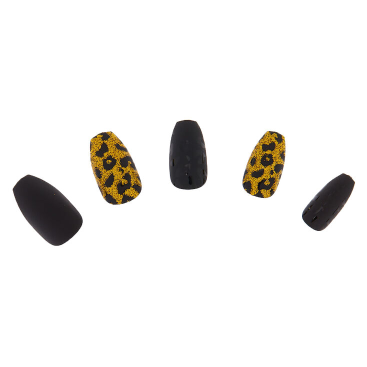 Lot de 24&nbsp;faux ongles &agrave; motif l&eacute;opard mat et paillettes dor&eacute;es,