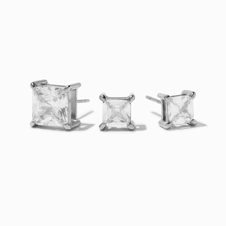 Silver-tone Stainless Steel Cubic Zirconia 5MM/6MM/7MM Square Stud Earrings - 3 Pack,