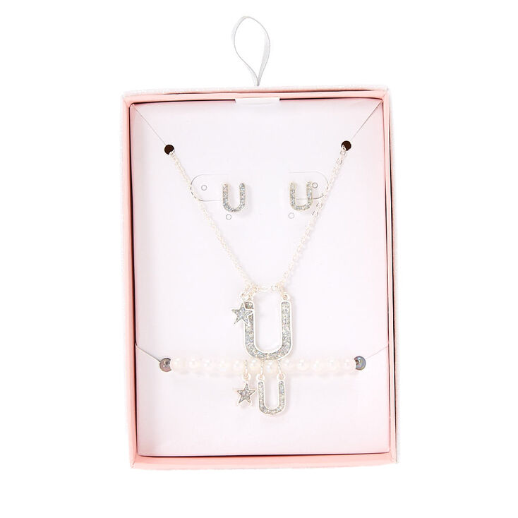 Claire's Parure de bijoux couleur argenté à paillettes irisées lettre U