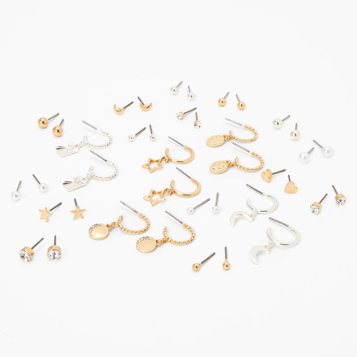 Mixed Metal Celestial Pearl Earrings Set - 20 Pack,