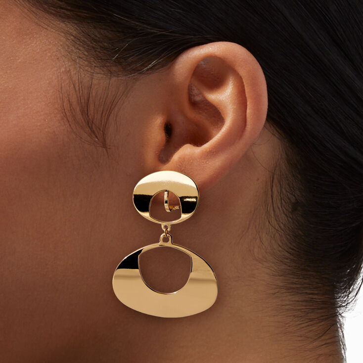 Gold-tone Double Oval Disc Clip-On Drop Earrings,