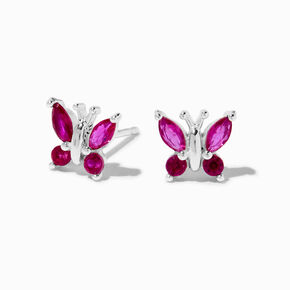 Sterling Silver Fuchsia Cubic Zirconia Butterfly Earrings,