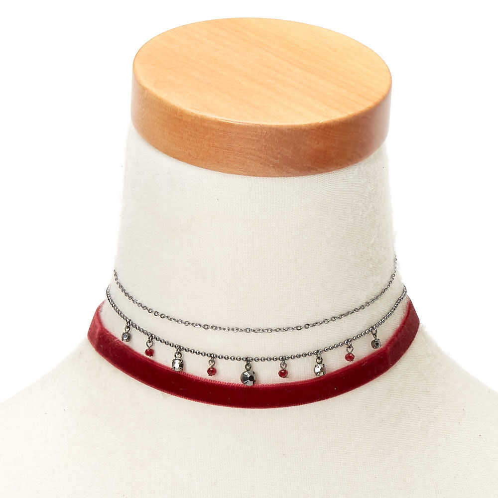 Hematite Beaded Velvet Choker Necklaces - Red, 3 Pack,