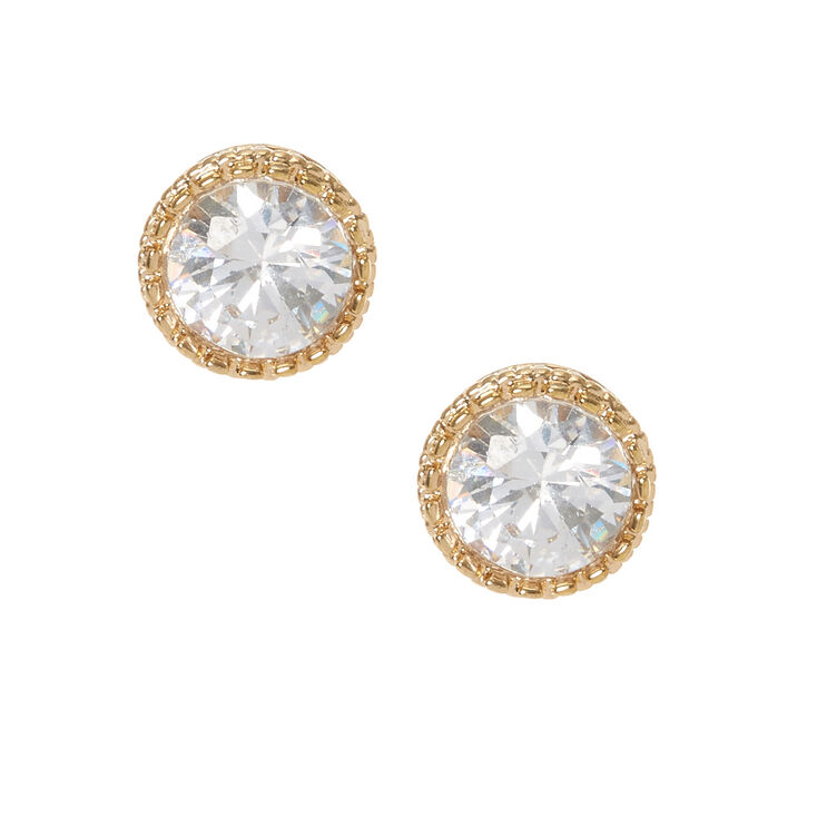 8MM Gold Framed Round Cubic Zirconia Stud Earrings,