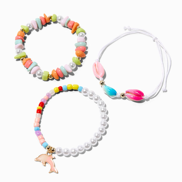 Rainbow Cowrie Seashell Dolphin Bracelet Set - 3 Pack