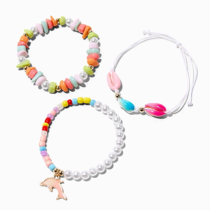 Rainbow Cowrie Seashell Dolphin Bracelet Set - 3 Pack,