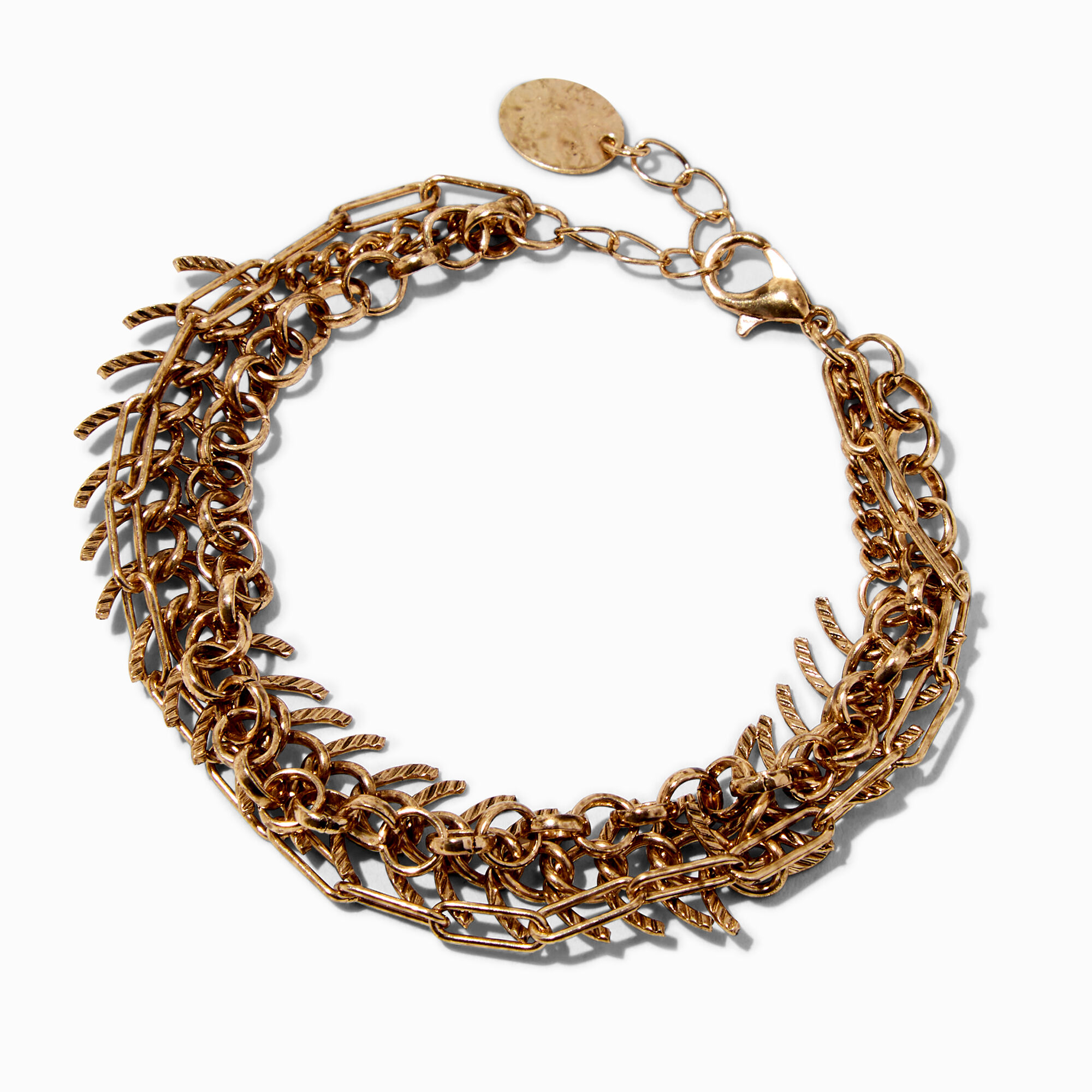 View Claires Antiqued Tone Fishbone MultiStrand Bracelet Gold information