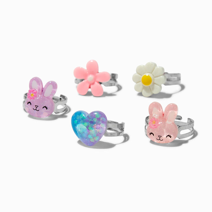 Claire&#39;s Club Bunnies &amp; Flowers Silver-tone Rings - 5 Pack,