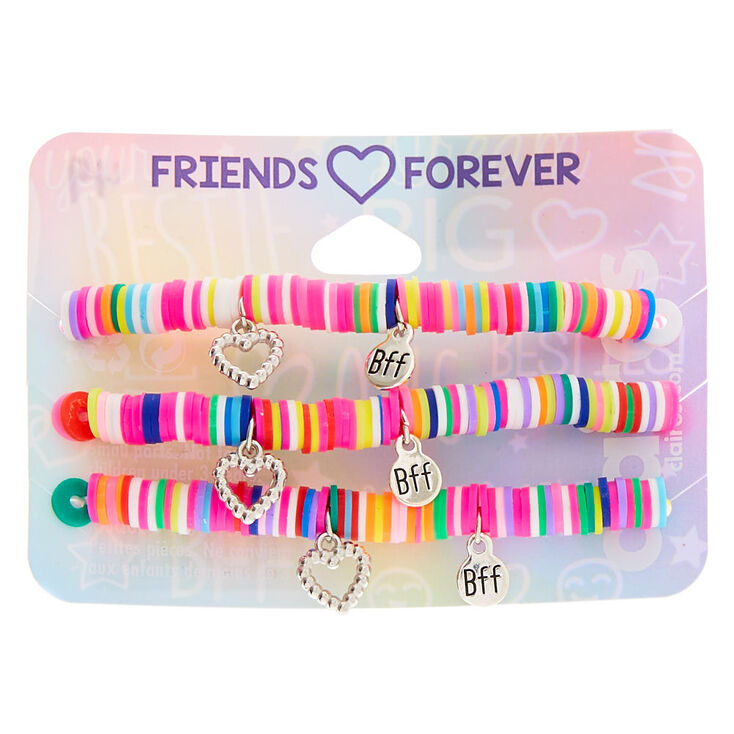 Rainbow Disc Heart Charm Stretch Friendship Bracelets - 3 Pack,