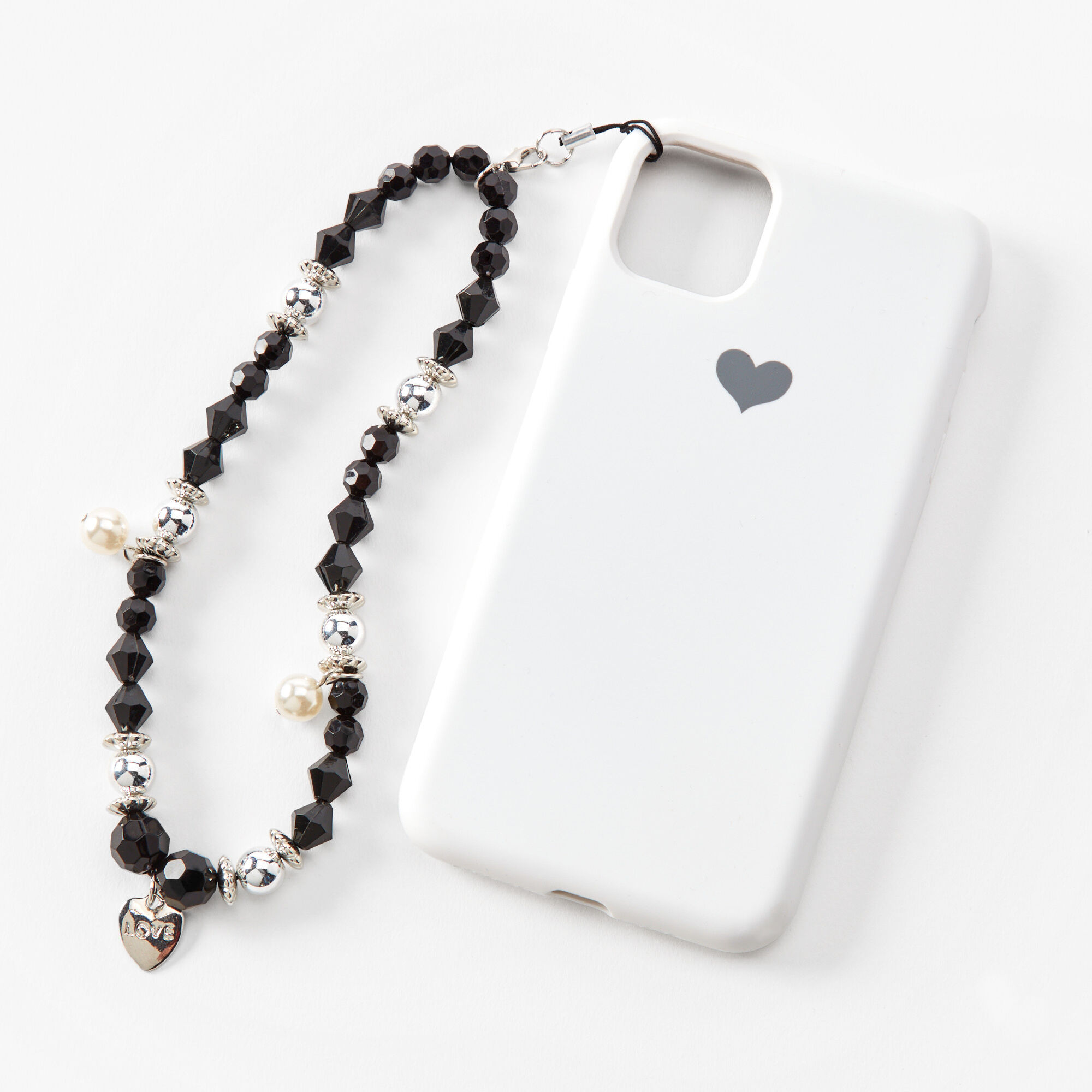 Black & Silver Beaded Love Phone Strap,