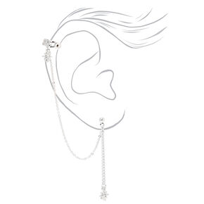 Silver-tone Starburst Ear Cuff Connector Chain Earrings,