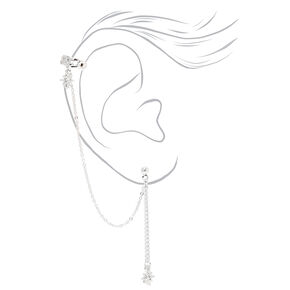 Boucles d&rsquo;oreilles reli&eacute;es par une cha&icirc;ne &agrave; une manchette d&rsquo;oreille &eacute;toile rayonnante couleur argent&eacute;e,
