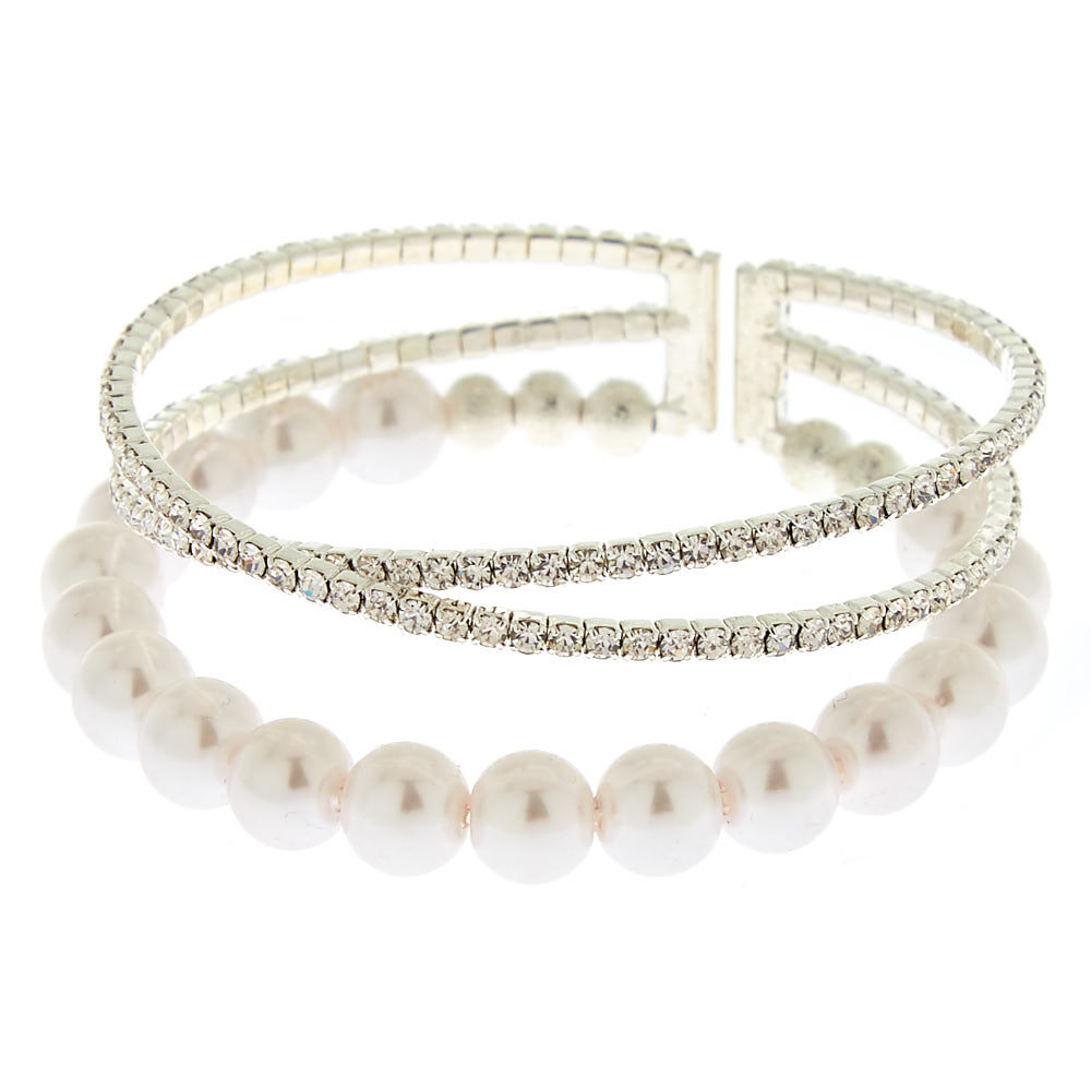Silver Rhinestone & Pearl Cuff Bracelet,