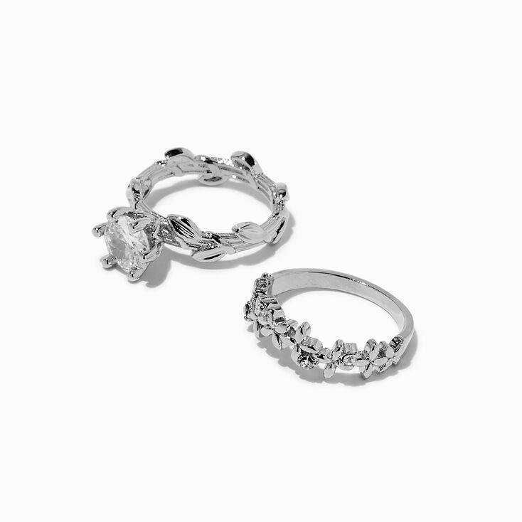 Silver-tone Cubic Zirconia Leaf Rings - 2 Pack,