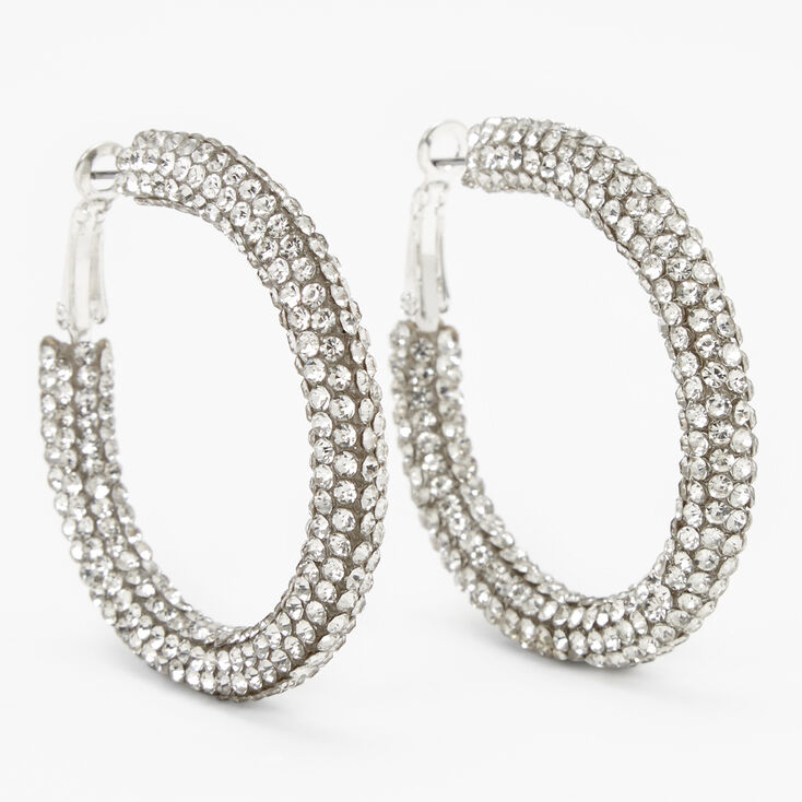 Silver 40MM Pave Embellished Hoop Earrings,