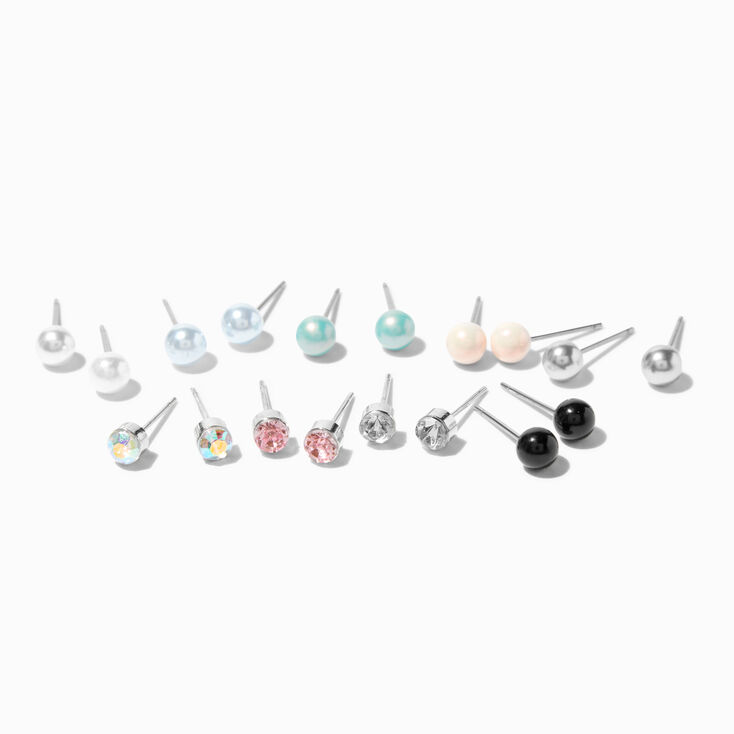 Pearl &amp; Crystal Stud Earrings - 9 Pack,