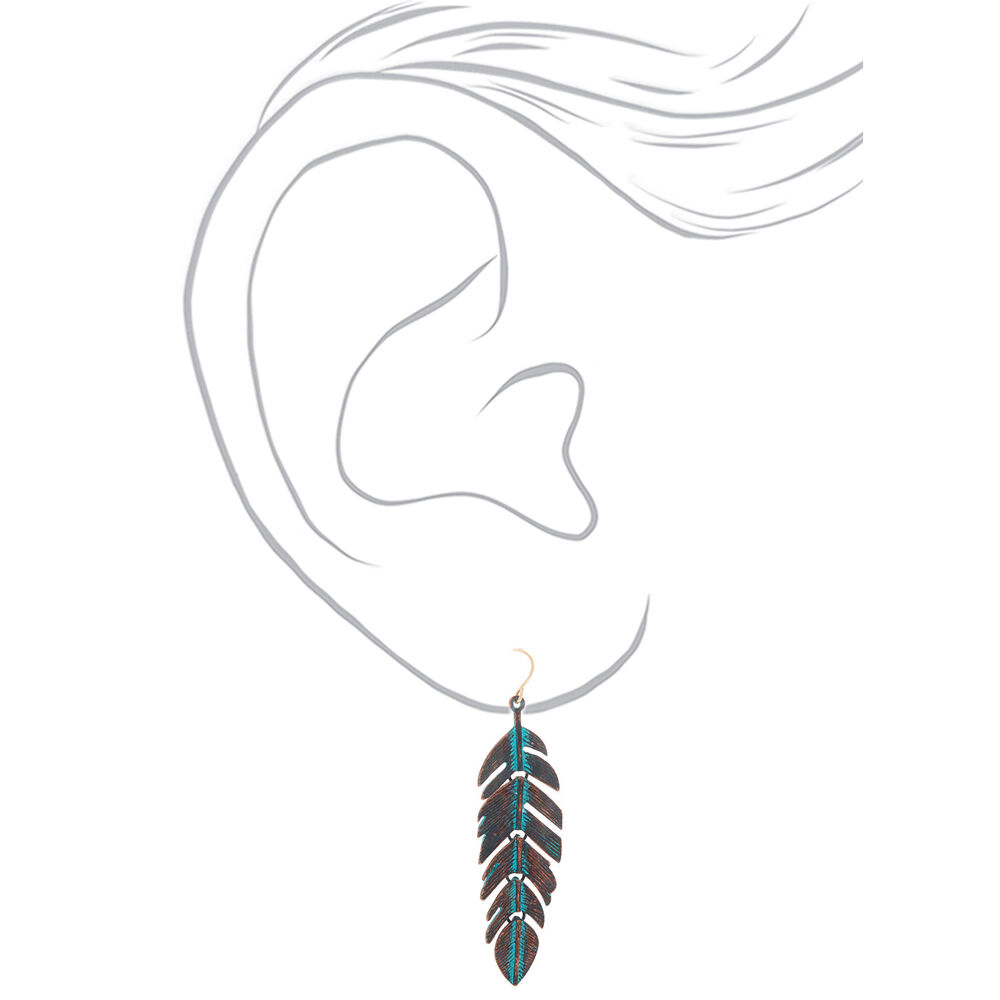 Gold 2.5" Patina Feather Drop Earrings - Turquoise,