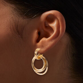 Gold-tone Triple Ring Door Knocker Drop Earrings,