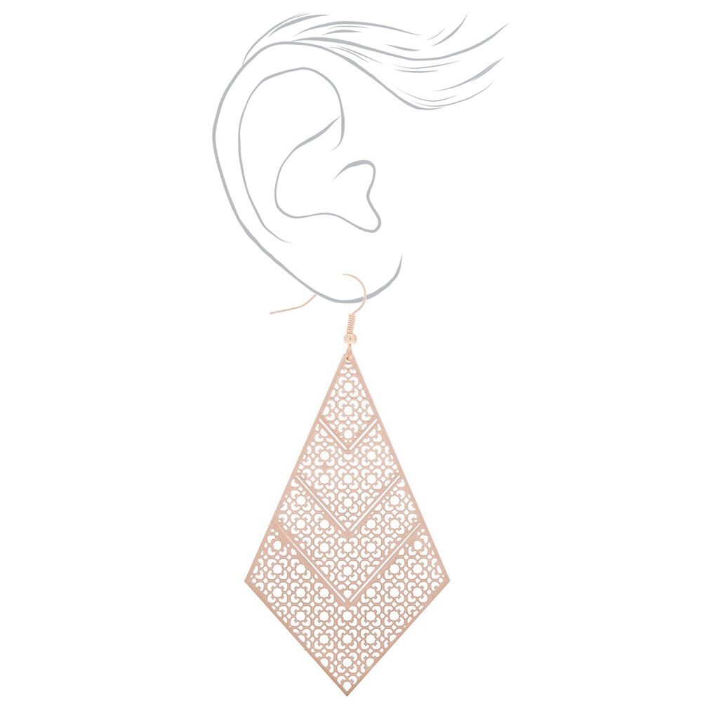 Rose Gold 3" Filigree Diamond Drop Earrings,