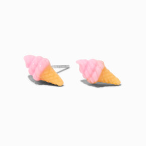 Clous d&#39;oreilles tige de fixation couleur argent&eacute;e cornet de glace rose,
