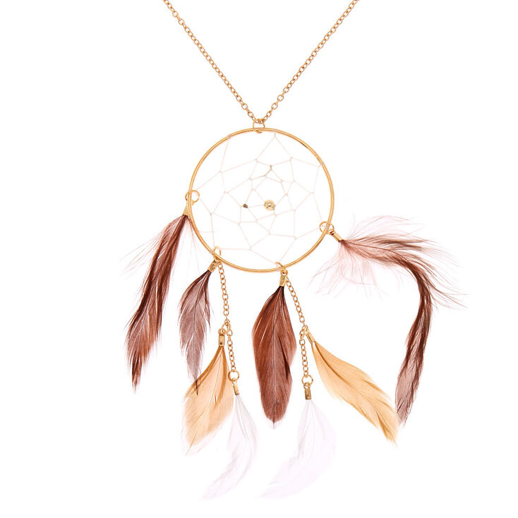Claire's Collier long à pendentif attrape-rêves marron couleur doré