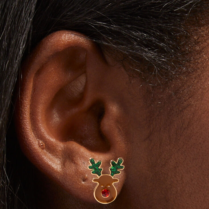 Glittery Reindeer Enameled Stud Earrings,