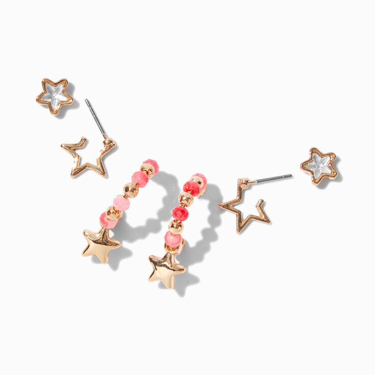 Boucles d&rsquo;oreilles empilables pierre rose couleur dor&eacute;e - Lot de 3,