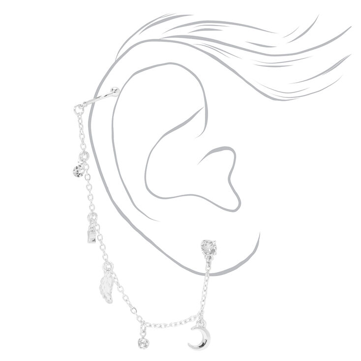 Silver Moon Charm Connector Cuff Earrings,