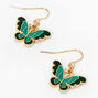 Gold 1&quot; Blue &amp; Green Butterfly Drop Earrings,