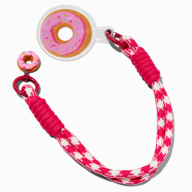 Dragonne pour portable pied-de-poule donut rose,