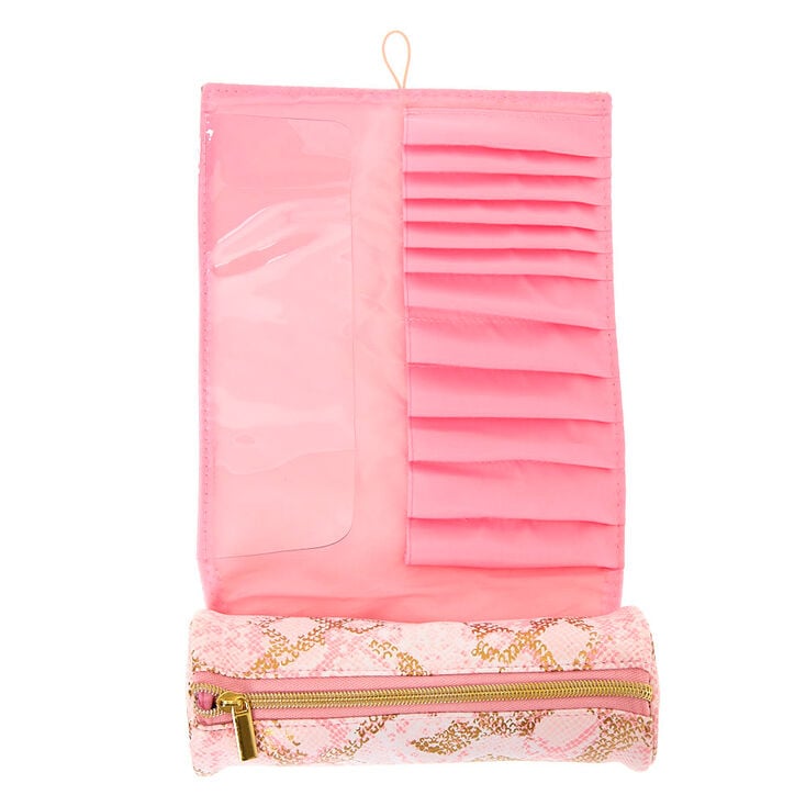 Trousse de maquillage de voyage qui s&rsquo;enroule peau de serpent - Rose,