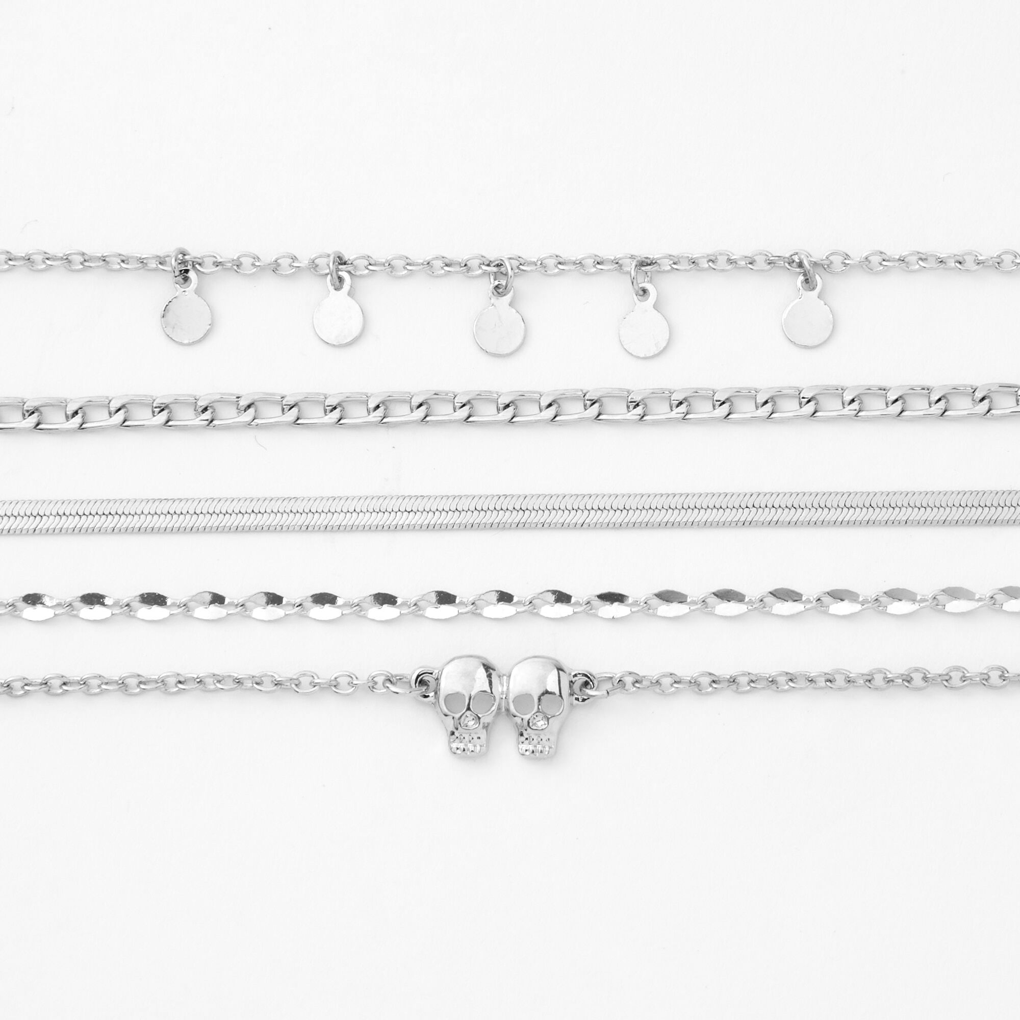 Silver Skulls Chain Bracelet Set - 5 Pack,