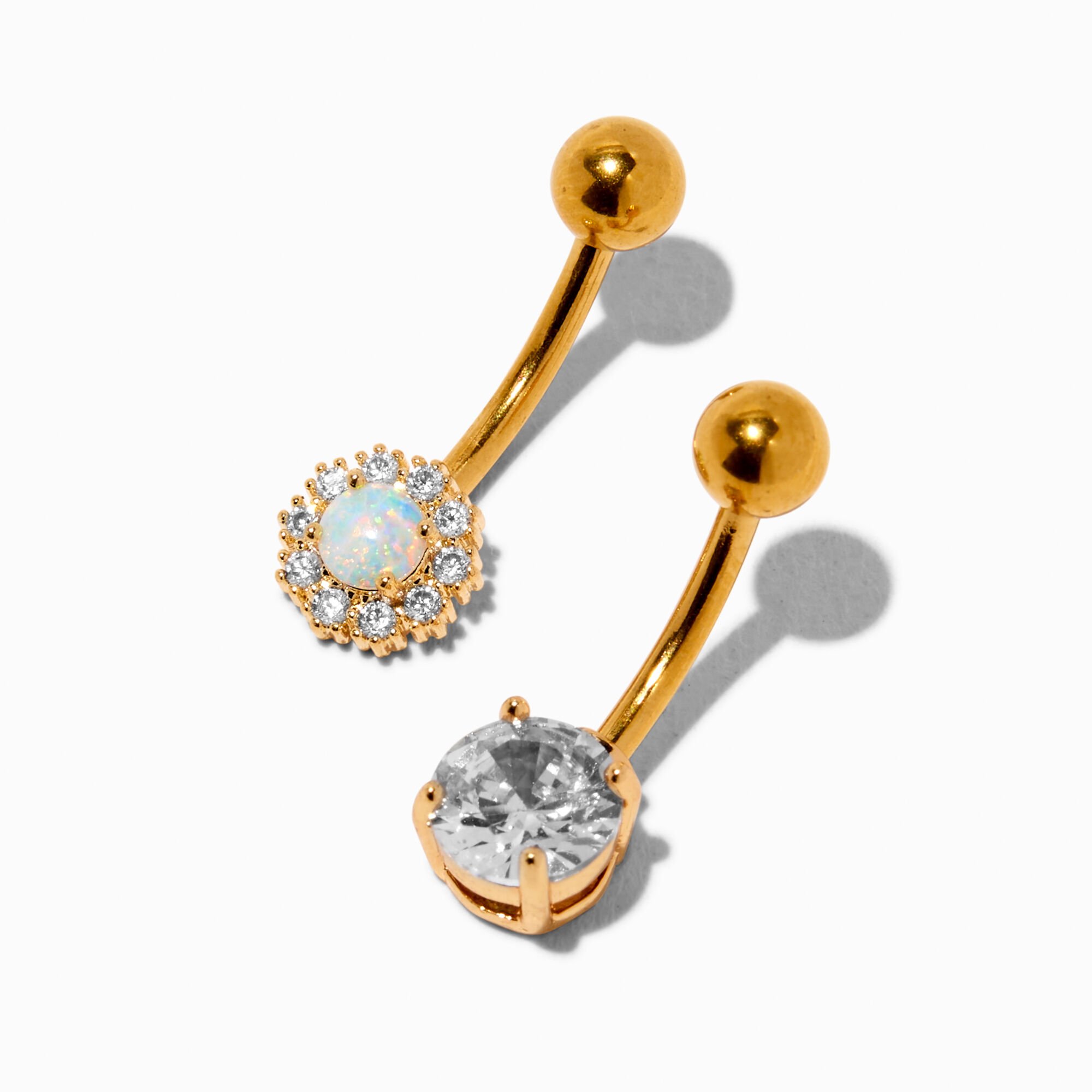 Gold-tone Stainless Steel Cubic Zirconia & Opal Flower 14G Belly Bars - 2 Pack,