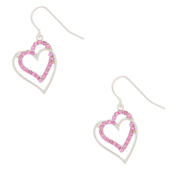 Silver 1&quot; Crystal Heart Drop Earrings,