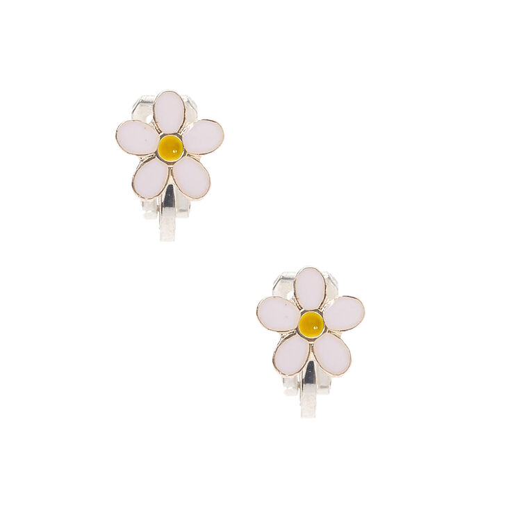 Silver Daisy Clip On Earrings - White,