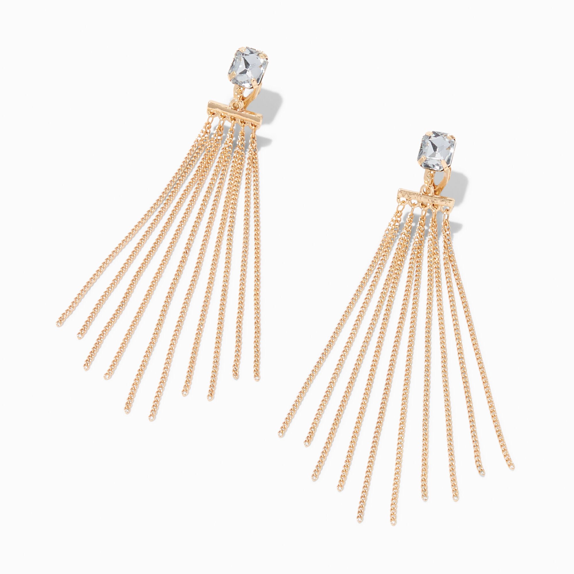 View Claires Tone 3 Crystal Chain Fringe ClipOn Drop Earrings Gold information