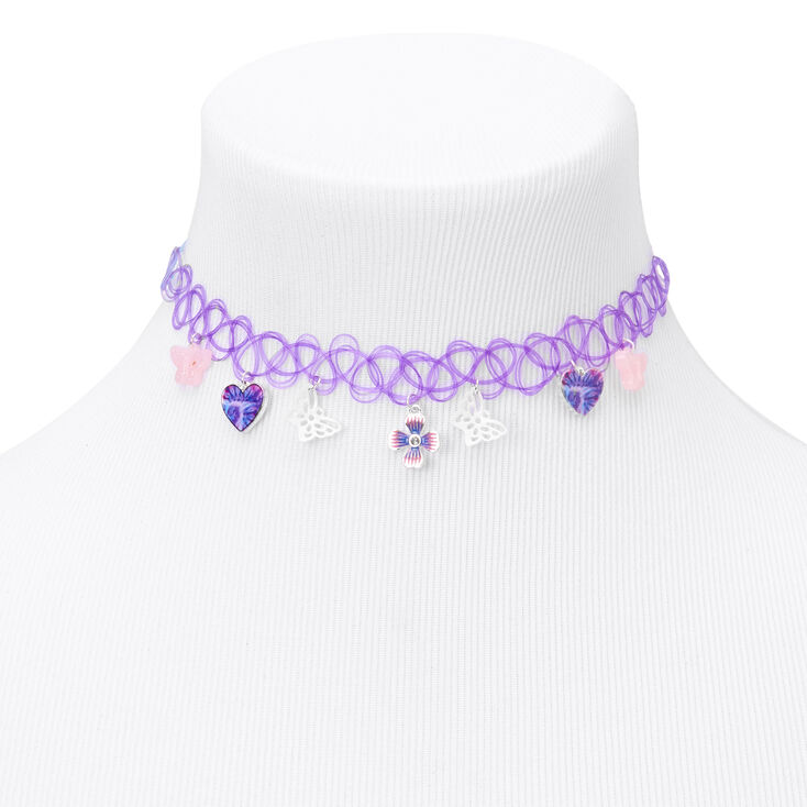 Hearts &amp; Butterflies Tattoo Choker Necklace - Purple,