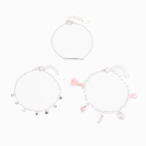 Bracelets cha&icirc;ne couleur argent&eacute;e breloques rose tendre - Lot de 3,