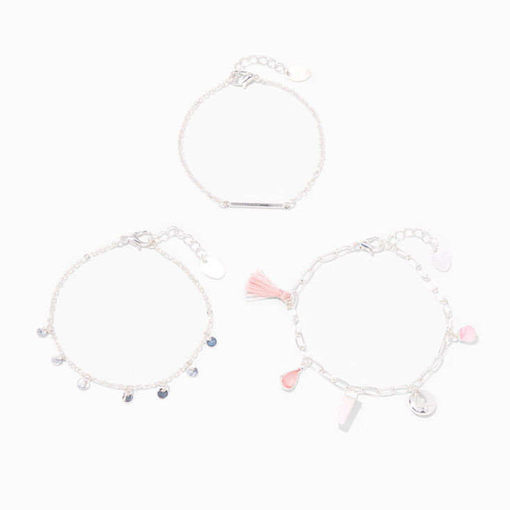 Blush Pink Charm Silver Chain Bracelets - 3 Pack,