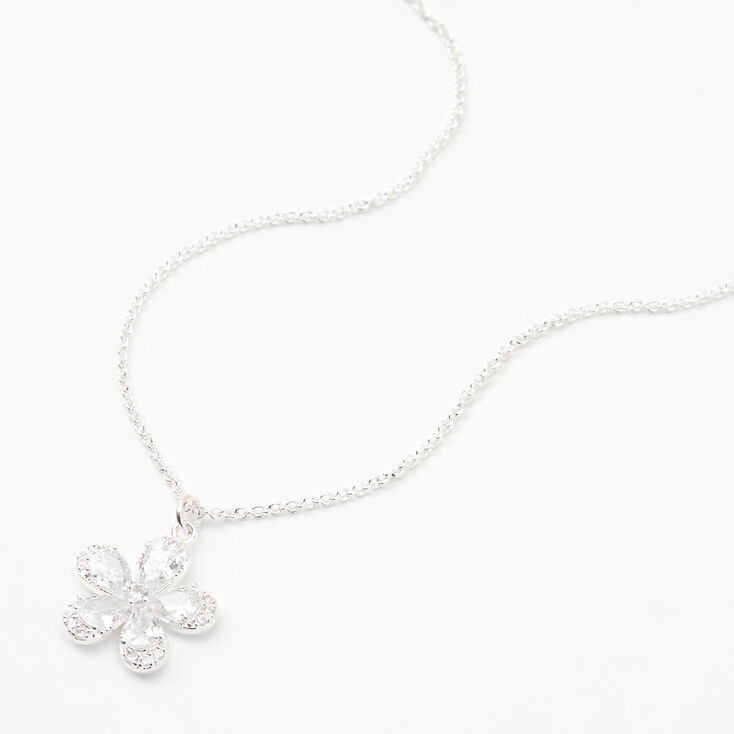 Silver-tone Cubic Zirconia Flower Pendant Necklace,