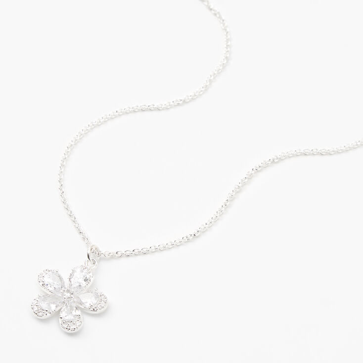Silver Cubic Zirconia Flower Pendant Necklace,