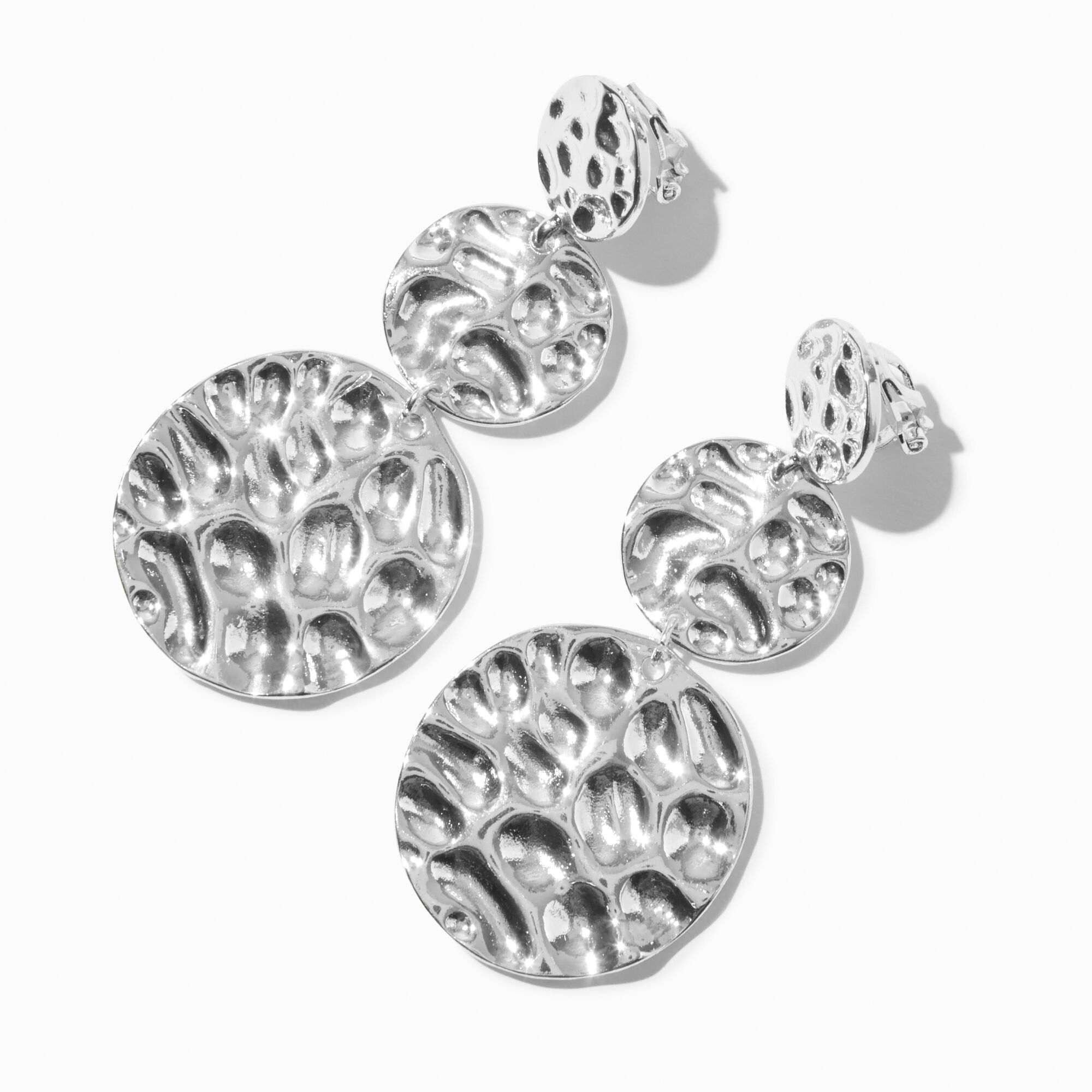 View Claires Tone Triple Molten Disc 25 ClipOn Drop Earrings Silver information