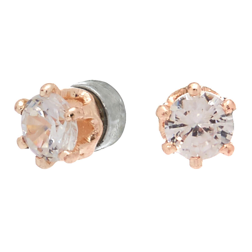 Rose Gold Cubic Zirconia 3MM Round Magnetic Stud Earrings