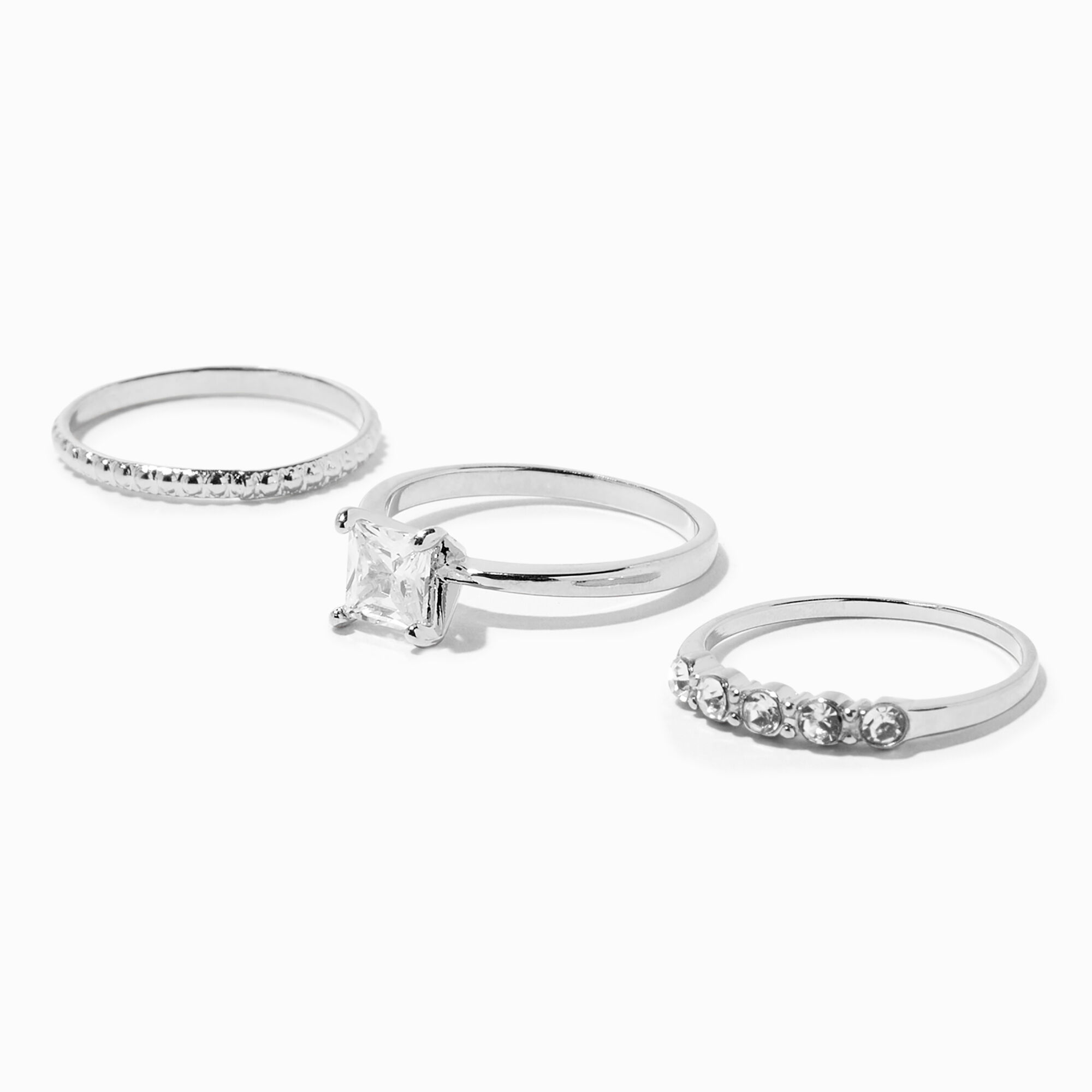 View Claires Tone Cubic Zirconia Square Ring Set 3 Pack Silver information