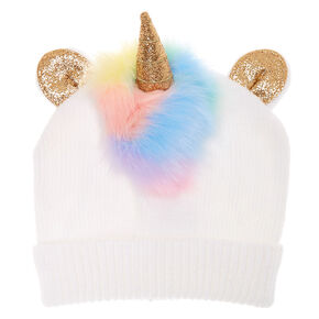 Go to Product: Rainbow Faux Fur Unicorn Beanie - White from Claires