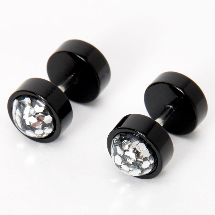 Silver 16G Mermaid Glitter Faux Ear Plugs - Black,