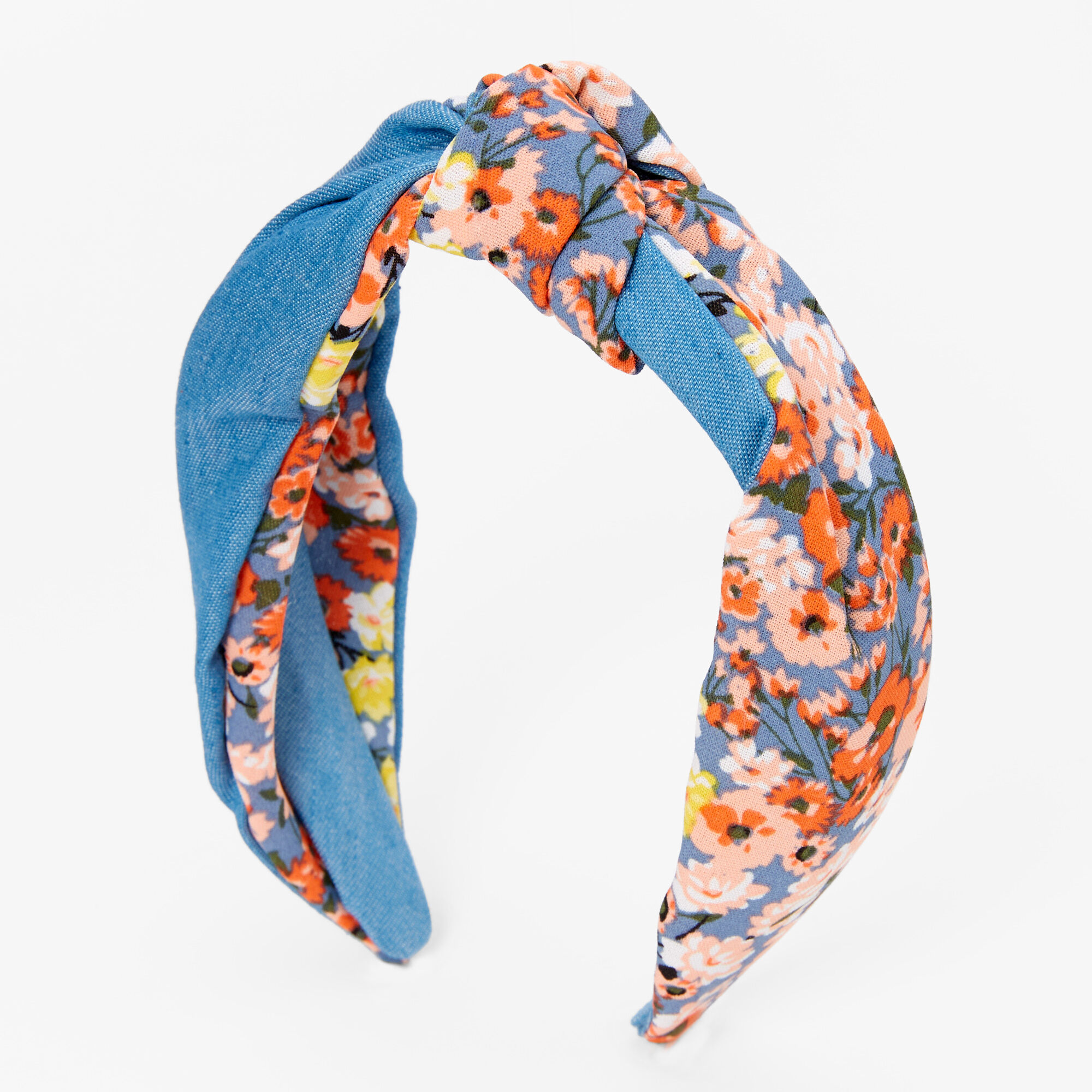 Blue Chambray Orange Floral Knotted Headband,