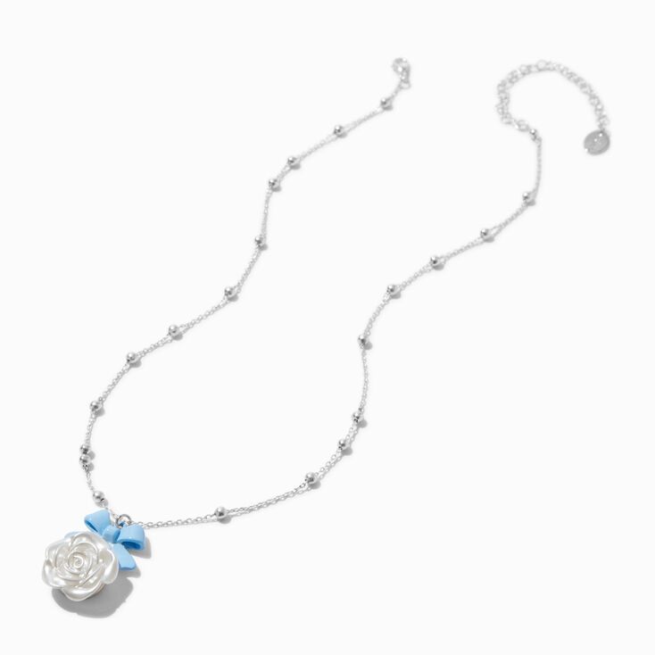 Blue Bow &amp; Rose Pearl Silver-tone Necklace,